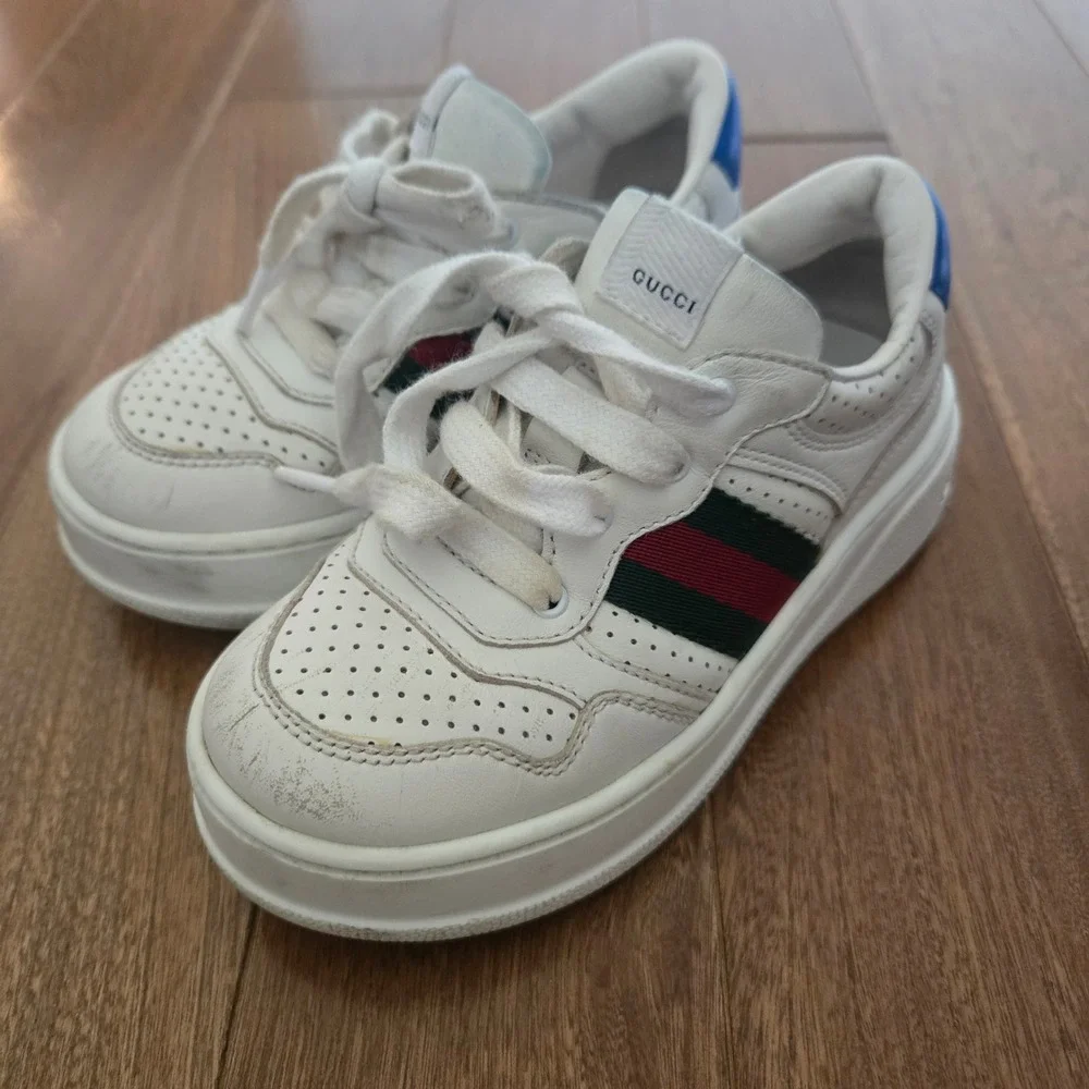 Gucci Kids Web Detail Leather Sneakers White Red Green Stripe Blue 26 US 9.5